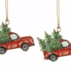 julgranshänge röd bil och lastbil med gran. Emaljerad metall.