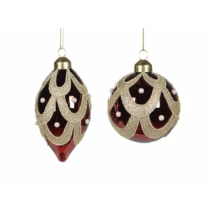 Julgranskulor vinröd guld glitter i glas