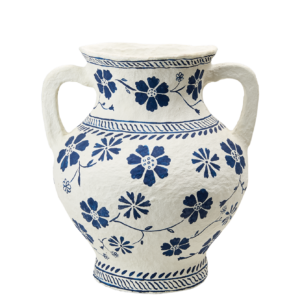 Urna i handgjord vit / blå bomull maché