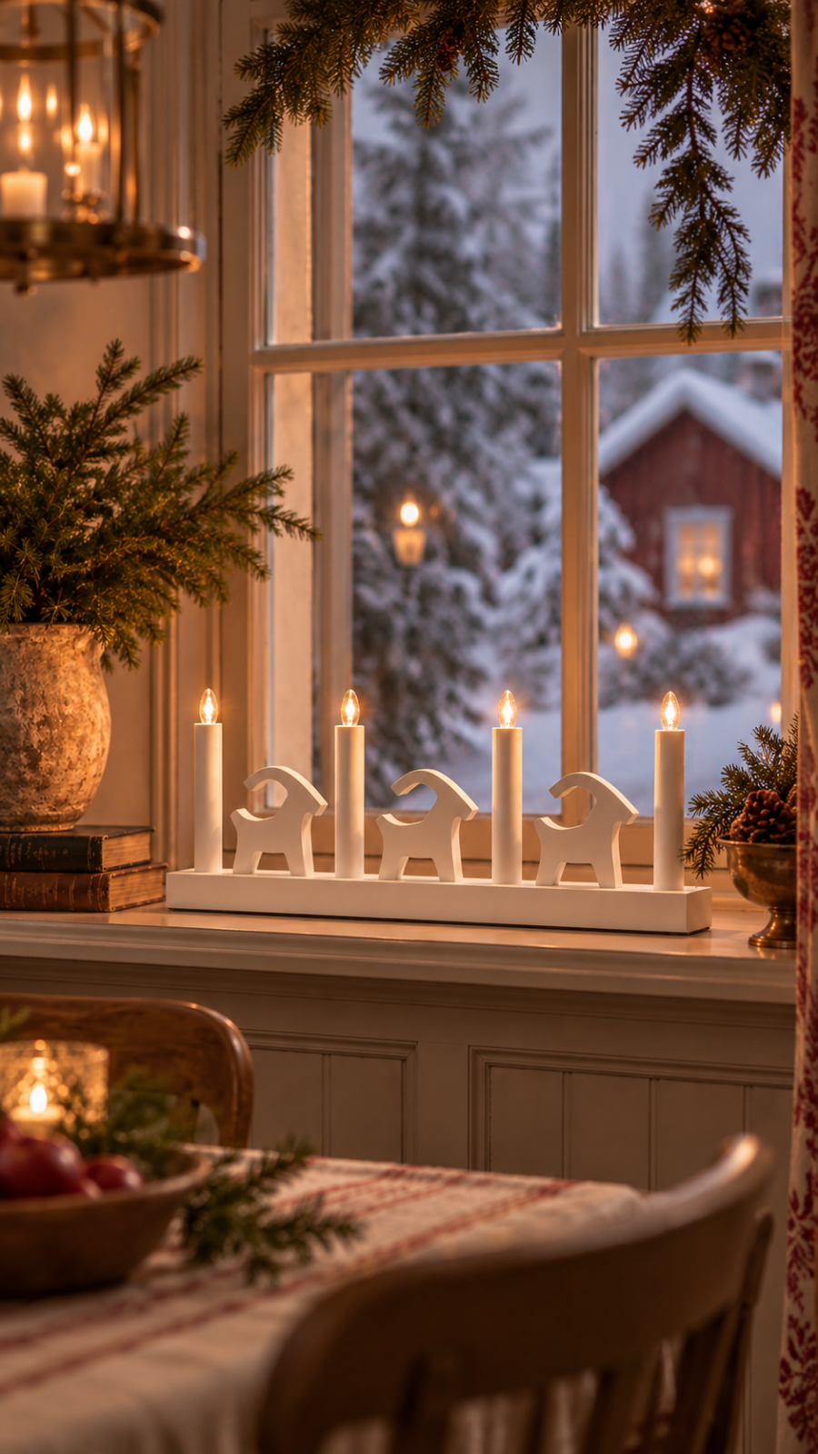 Adventsljusstake med julbock i vitt trä